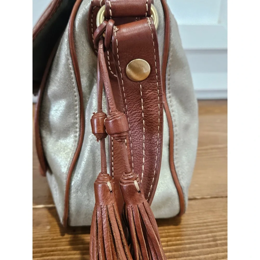 VTG Y2K Boho Chic Hobo SAK Metallic Gold Brown Leather Shoulder Bag Tassel